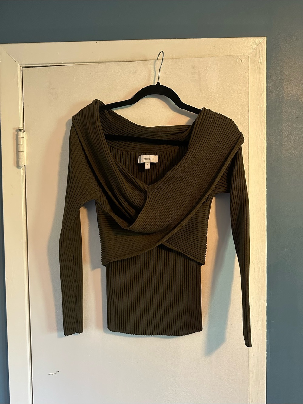 Witchery Olive Green Ribbed Wrap Sweater Top